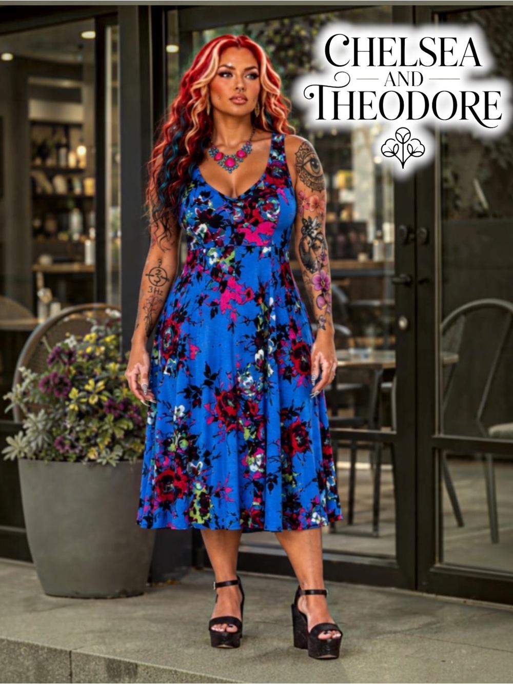 Chelsea & Theodore V-Neck Midi A line Dress bold palette abstract florals Sz Lg